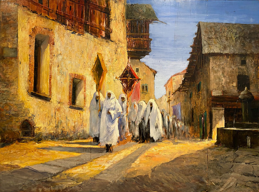 Giuseppe Augusto Levis, Processione a Chiomonte, s.d. olio su tavola